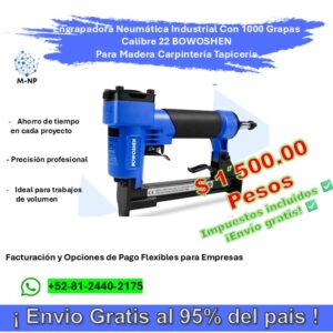 Engrapadora Neumática Industrial Con 1000 Grapas Calibre 22 BOWOSHEN Para Madera Carpintería Tapicería