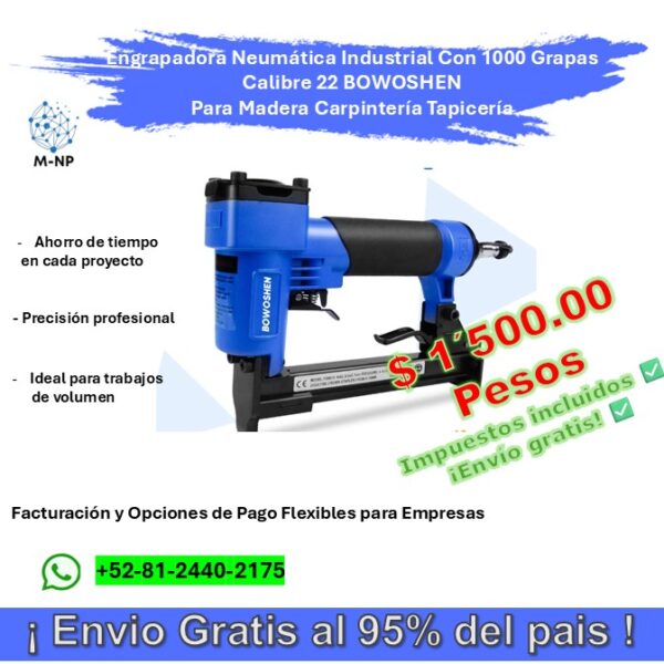Slide1 Engrapadora Neumática Industrial Con 1000 Grapas Calibre 22 BOWOSHEN Para Madera Carpintería Tapicería