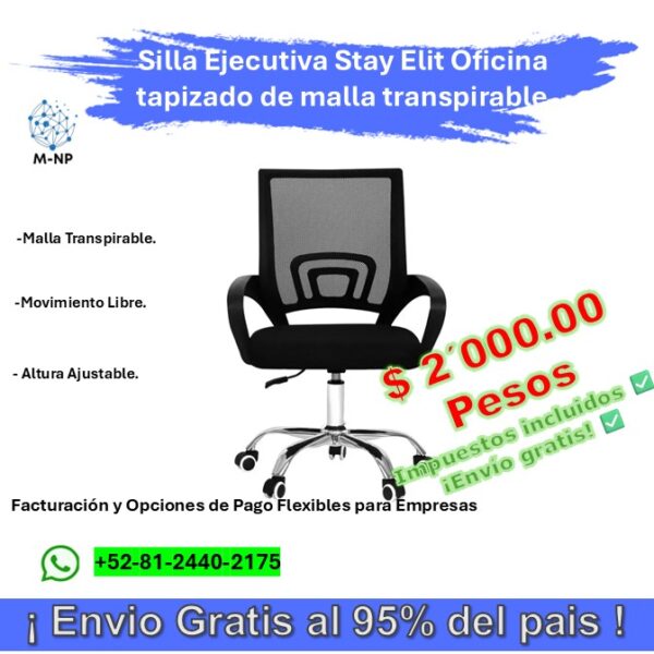Silla Ejecutiva Stay Elit Oficina Ergonómica Escritorio Negro tapizado de malla transpirable
