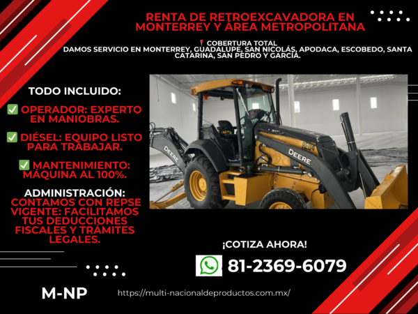 Renta de Retroexcavadora DEERE  ¡Servicio Profesional!   -    ¡Cotización inmediata sin compromiso!
