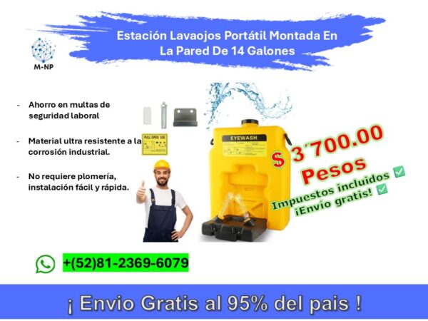 Estación Lavaojos Portátil Montada En La Pared De 14 Galones