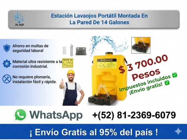 Estación Lavaojos Portátil Montada En La Pared De 14 Galones