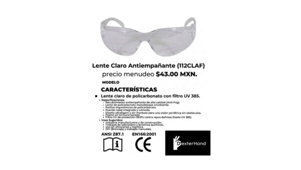 Slide1 M-NP | EQUIPO DE PROTECCIÓN VISUAL ERGONÓMICO PREMIUM - Lente Claro Antiempañante Modelo 112CLAF